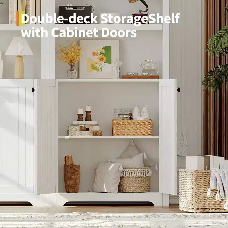 Mobile Moderno Bianco ad Arco da 72 pollici - Dispensa in Legno a 5 Ripiani Doppie Ante Ripiano Regolabile Maniglie Nere, Libreria Autoportante per Soggiorno